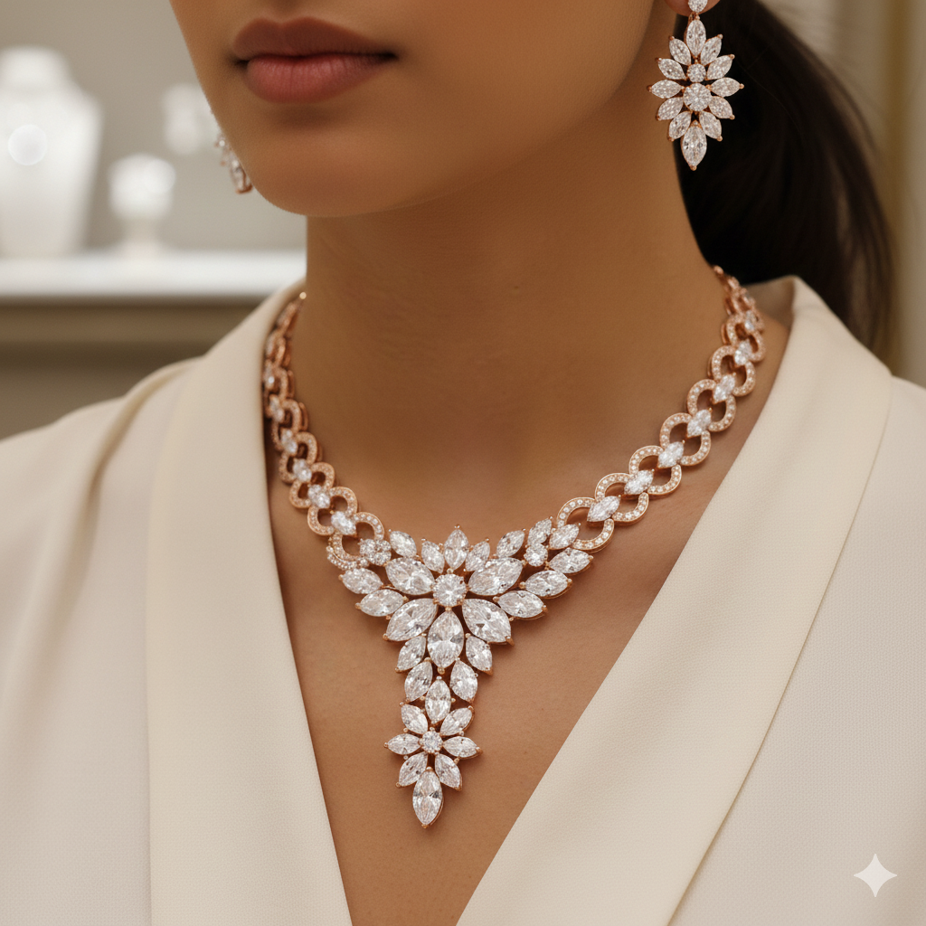 Luxury gold diamond pendant set with matching floral diamond earrings worn by a woman, showcasing intricate craftsmanship and elegant fine jewellery design