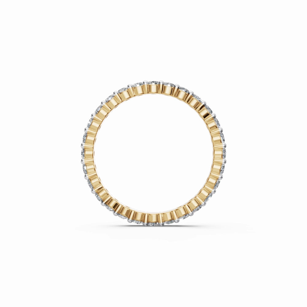 Top-down image of yellow gold band with a classic traditional gold tone and continuous diamond line.