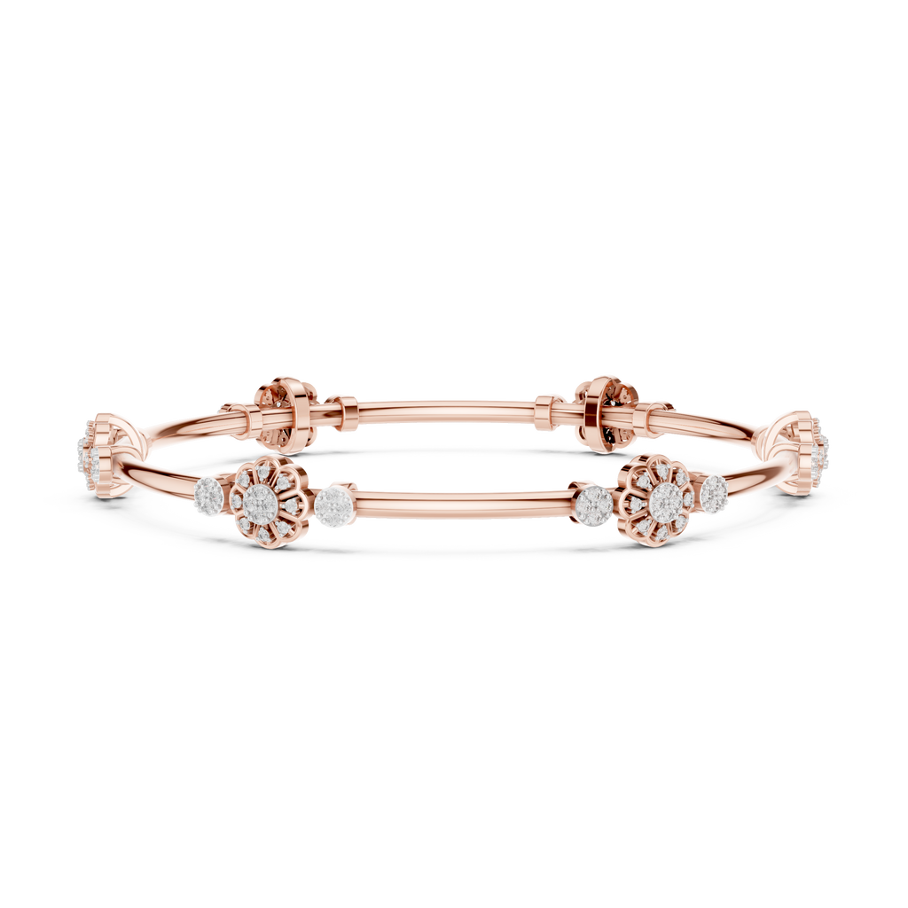 Floral diamond bangle in 18k rose gold with round brilliant diamonds front view