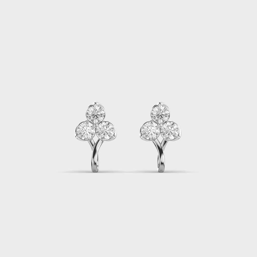 TriBloom three-stone diamond earrings in white gold, front view showcasing round EF-color VVS diamonds.
