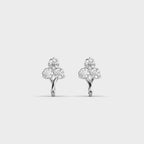 TriBloom three-stone diamond earrings in white gold, front view showcasing round EF-color VVS diamonds.