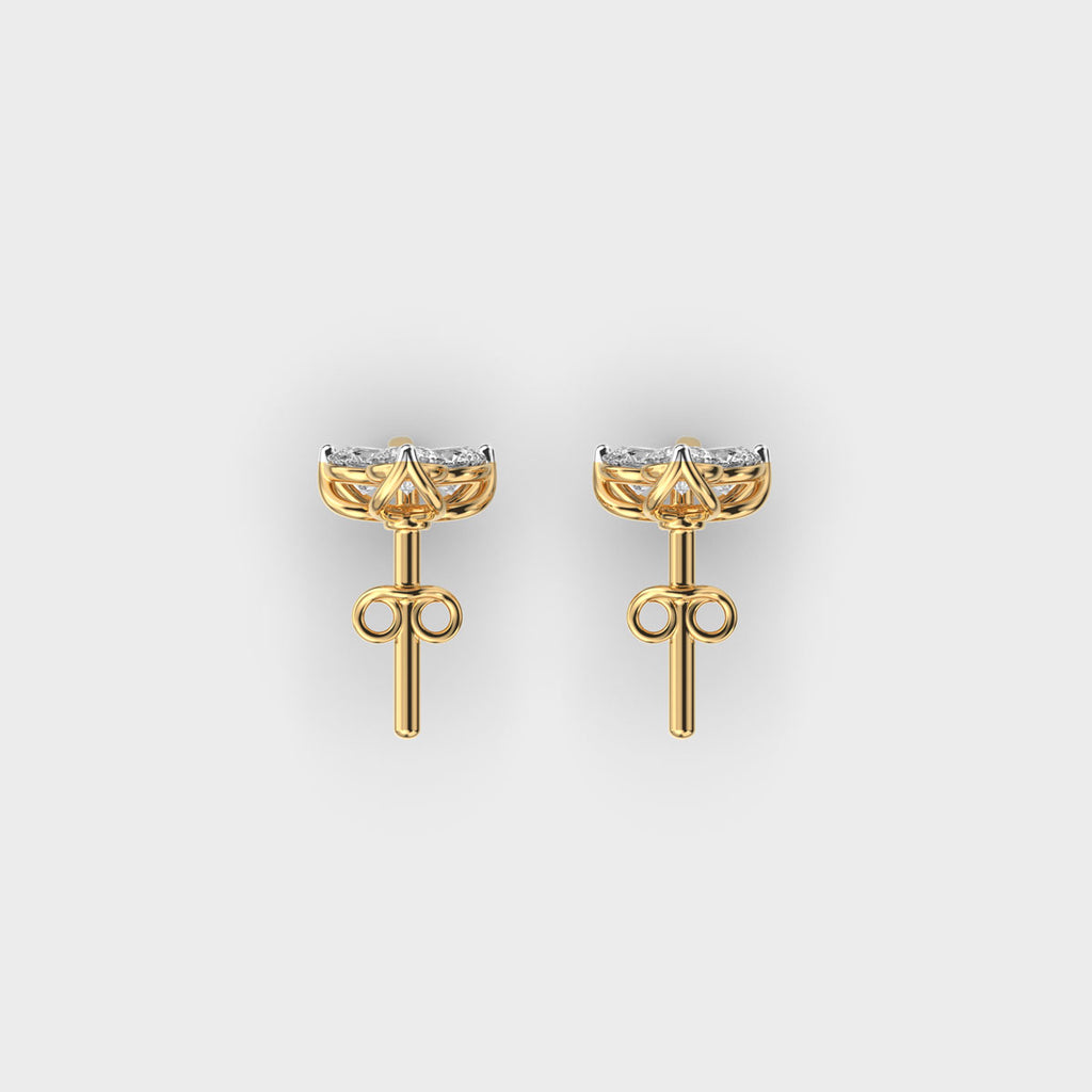 Top shot of yellow gold cluster earrings displaying the symmetrical arrangement of lab grown diamonds.