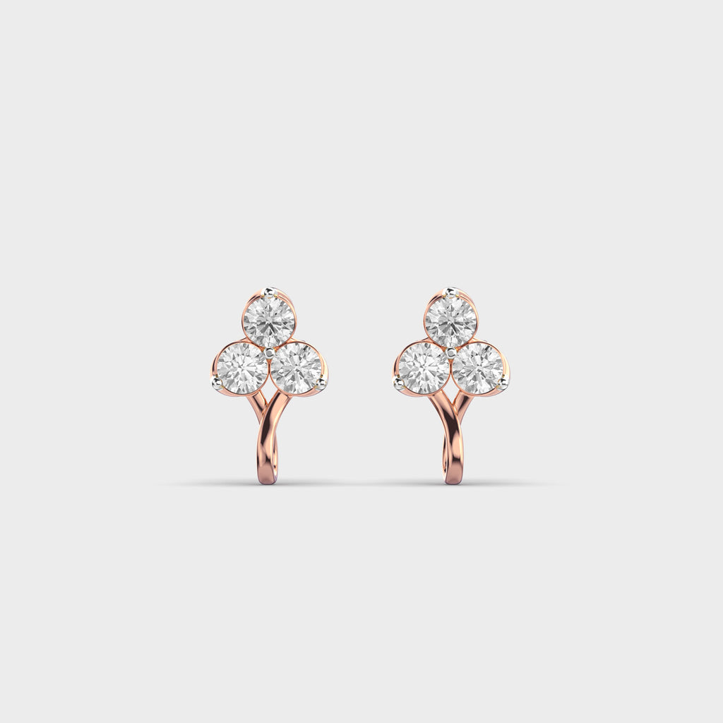 Front view of rose gold TriBloom diamond earrings featuring EF-color round diamonds in a delicate petal cluster.