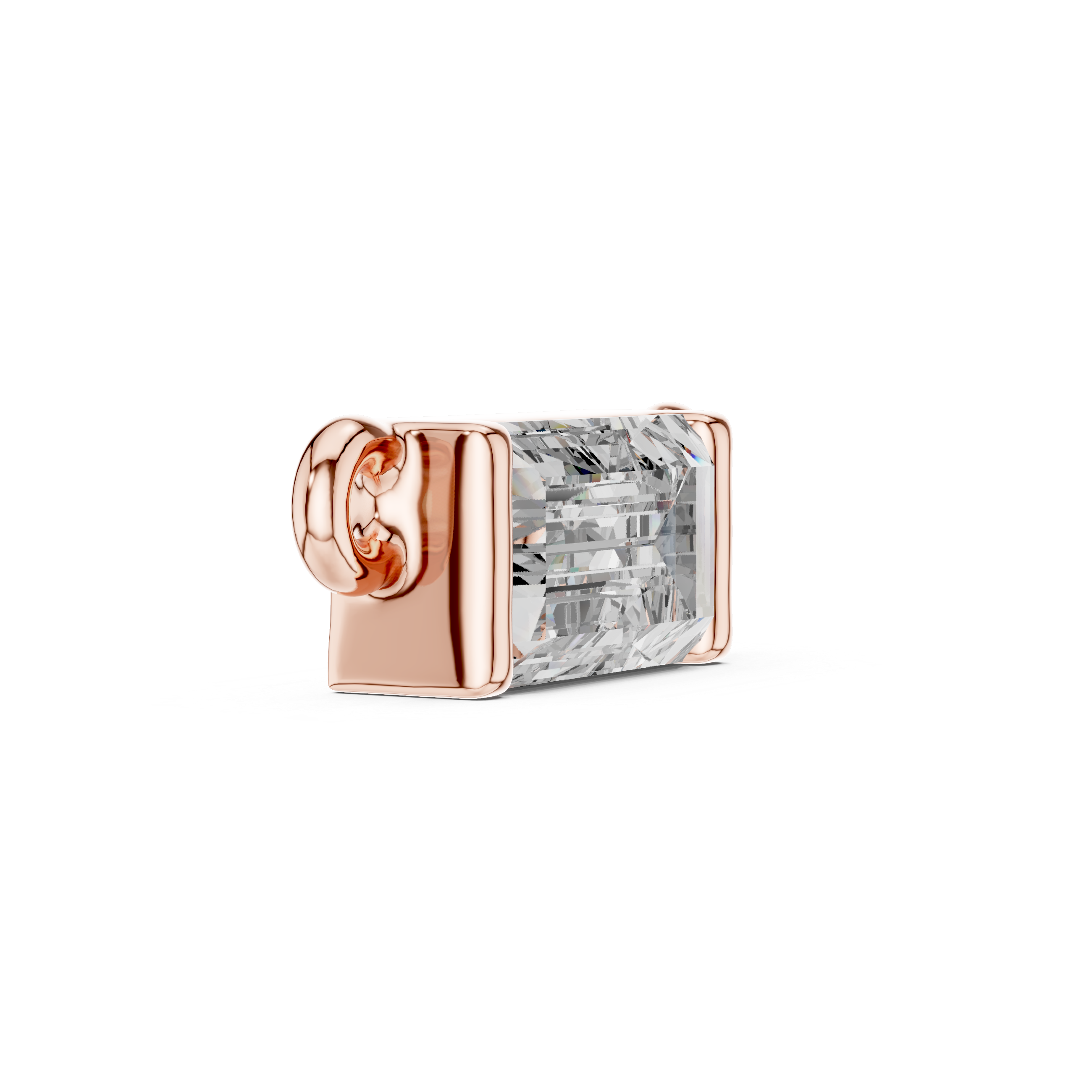 Rose gold charm with a clear gemstone on a white background