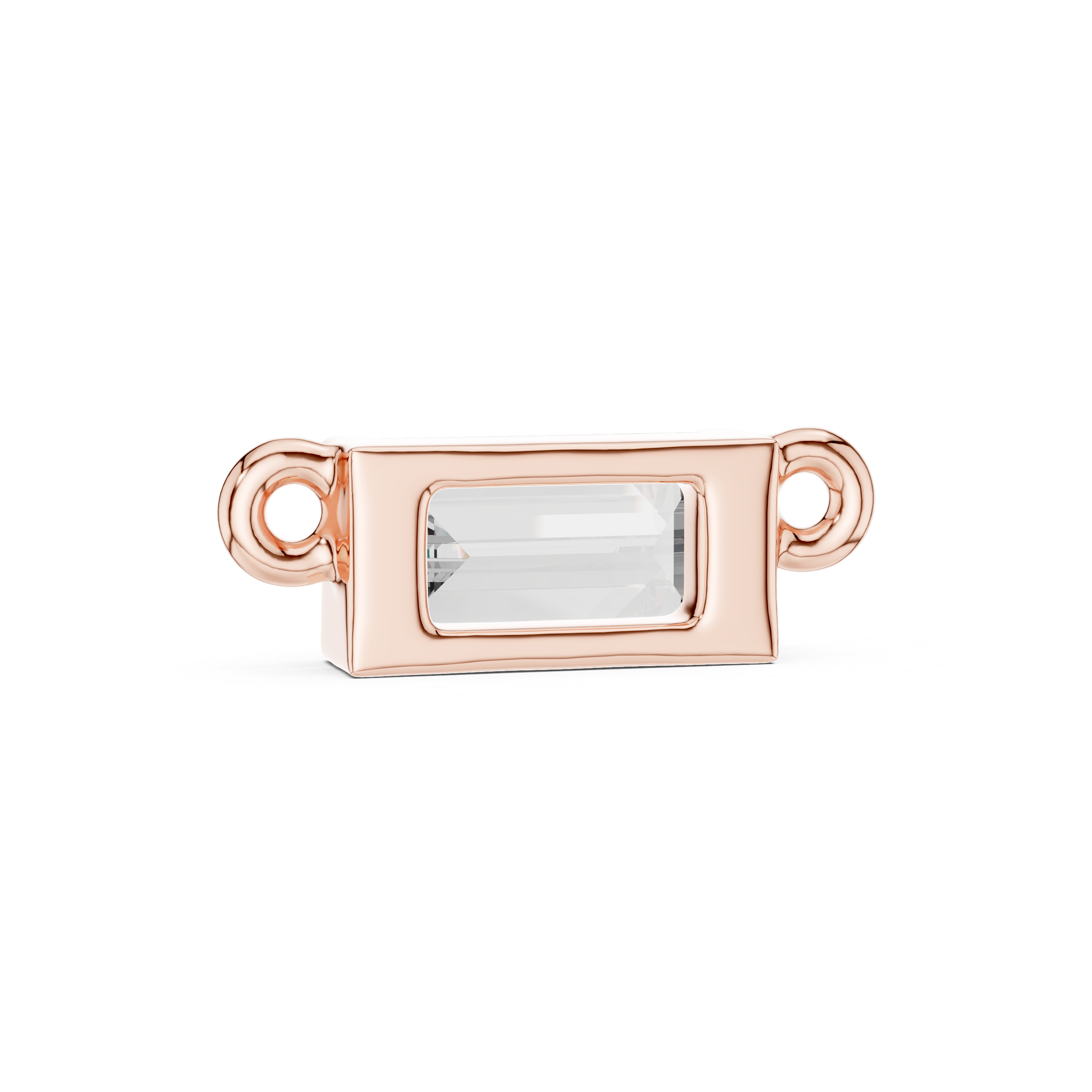 Rose gold jewelry clasp with a clear gemstone on a white background