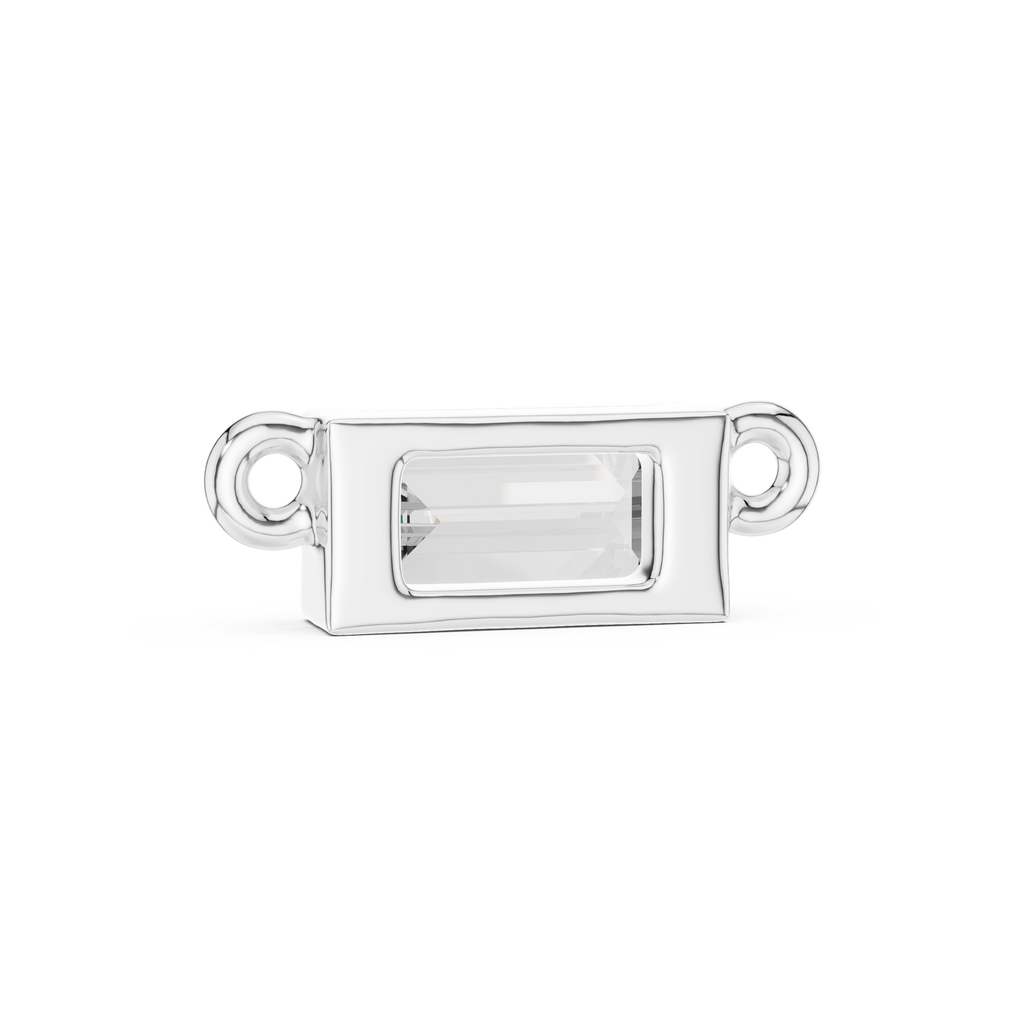 Silver jewelry clasp with a rectangular gemstone on a white background