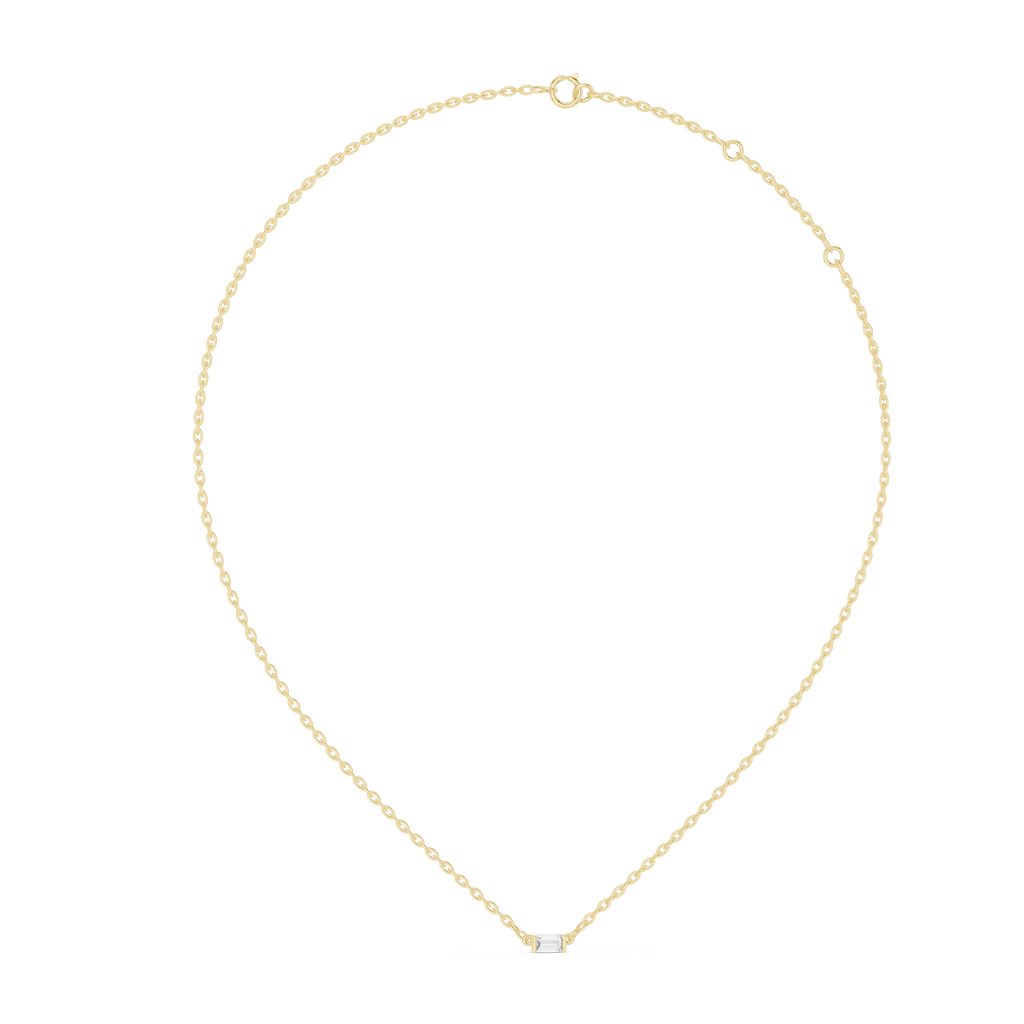 Gold necklace with a small diamond on a white background