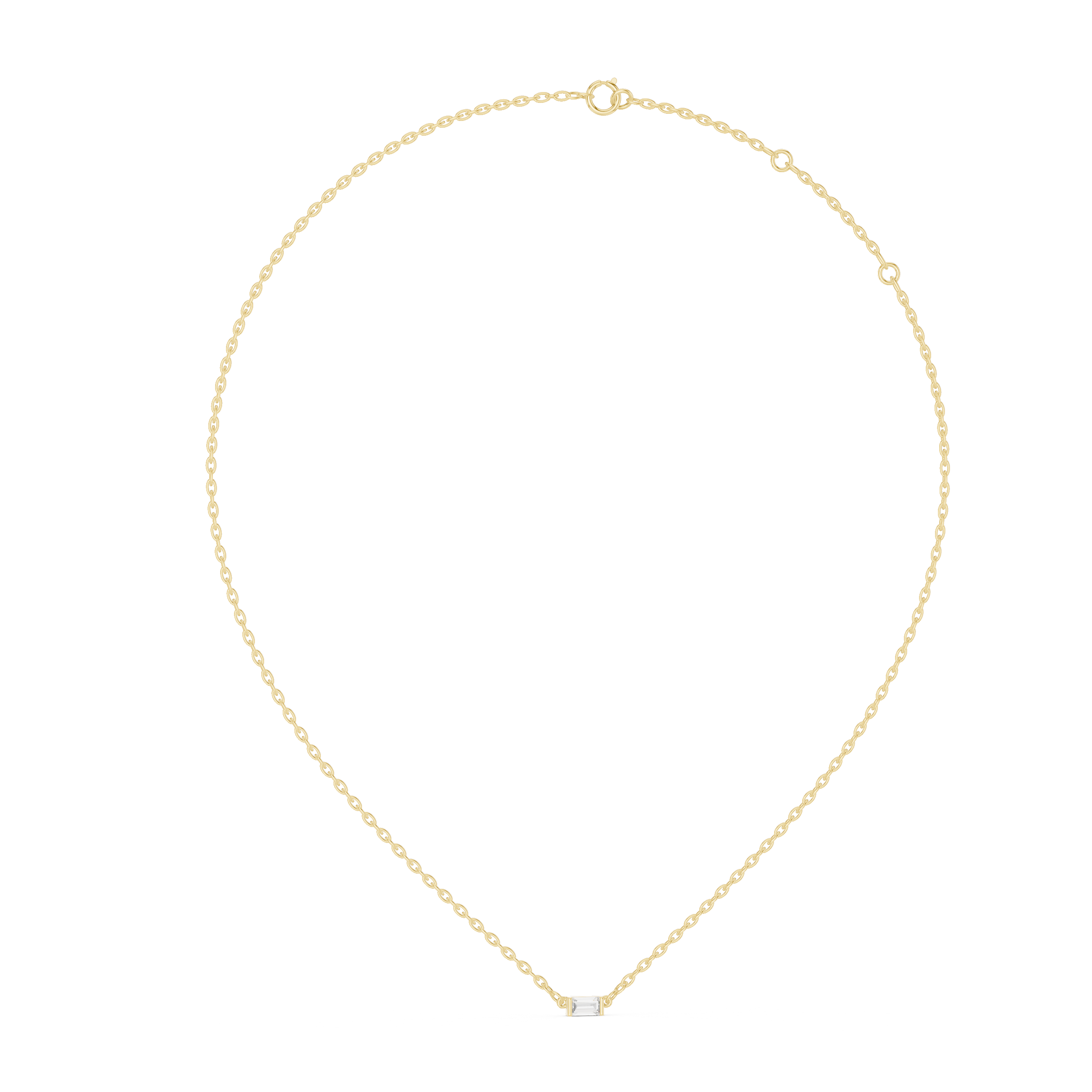 Gold necklace with a small diamond on a white background