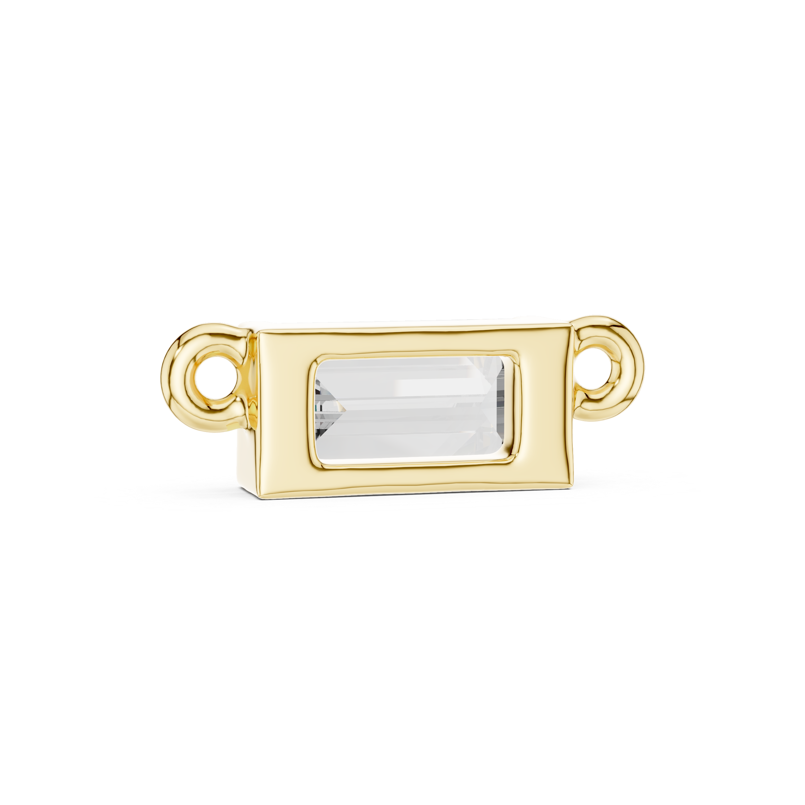 Gold jewelry clasp with a clear gemstone on a white background