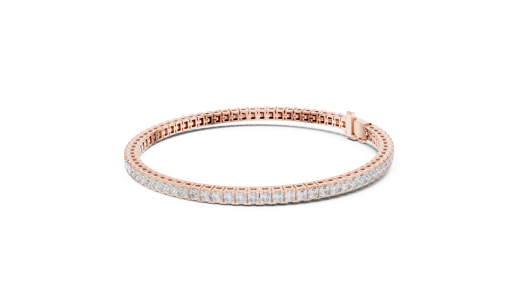 Rose gold princess cut diamond tennis bracelet front view with lab grown diamonds