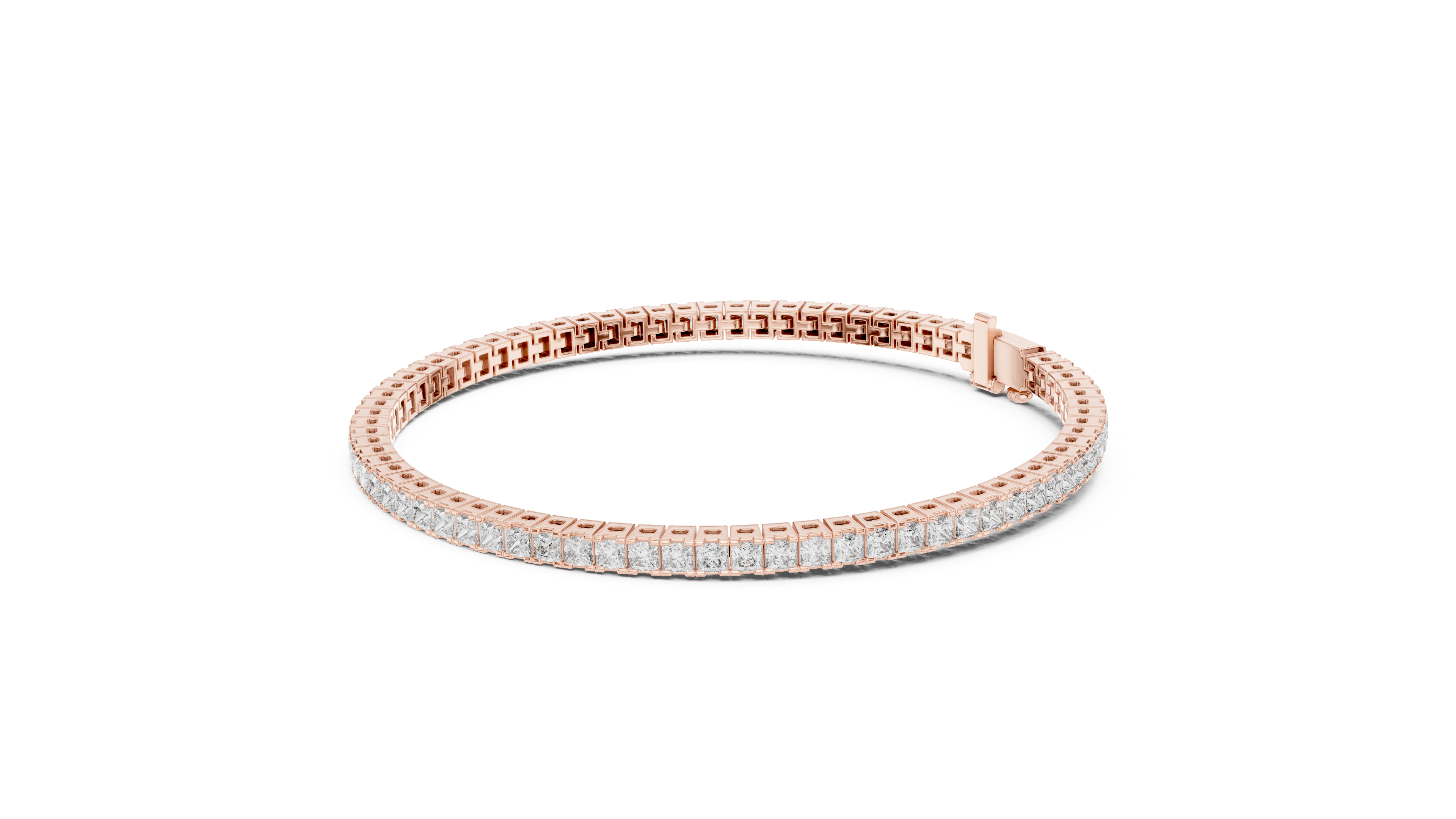 Rose gold princess cut diamond tennis bracelet front view with lab grown diamonds