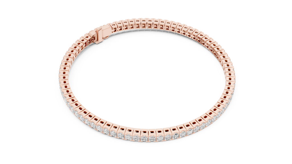 Top view of rose gold tennis bracelet featuring square princess cut diamonds