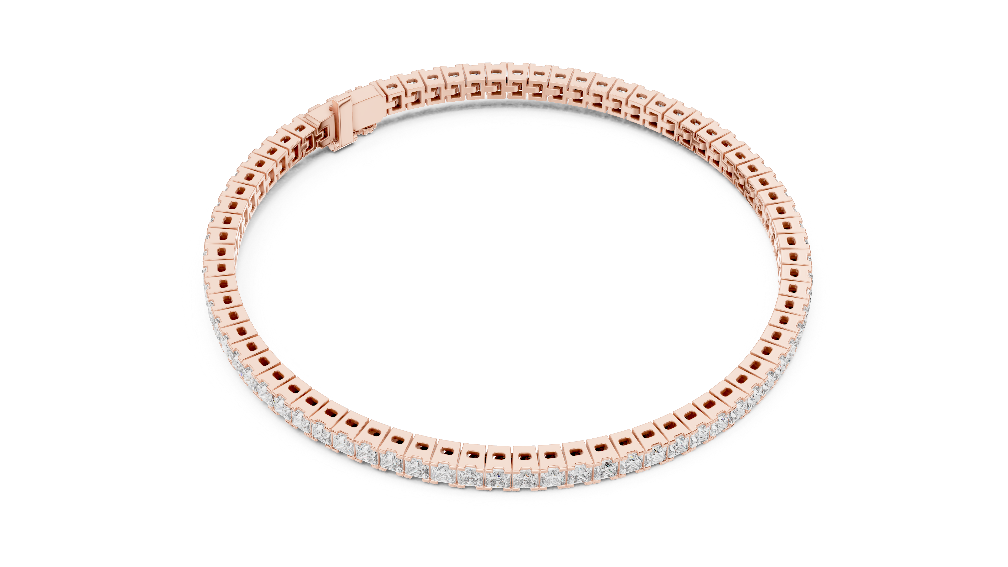 Top view of rose gold tennis bracelet featuring square princess cut diamonds
