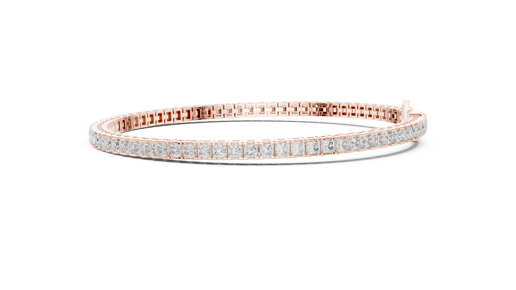 Side profile of rose gold diamond tennis bracelet showing seamless setting