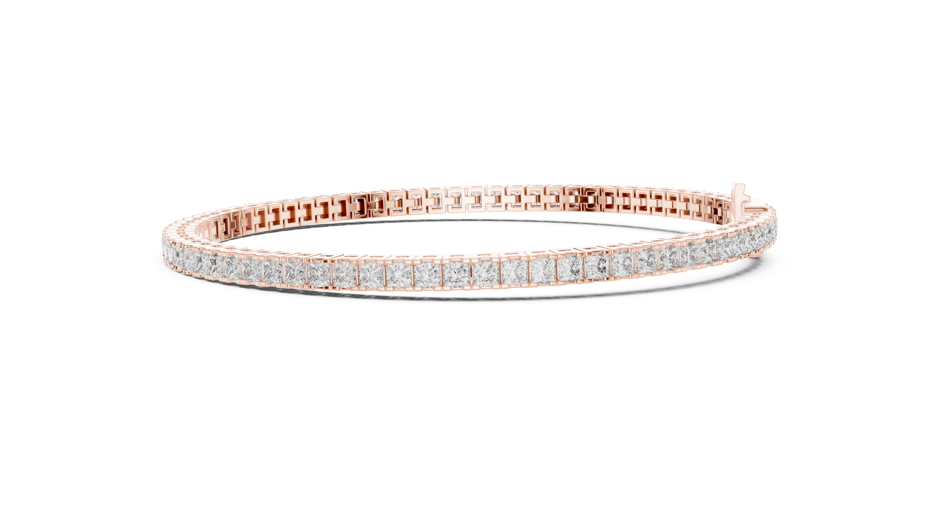 Side profile of rose gold diamond tennis bracelet showing seamless setting