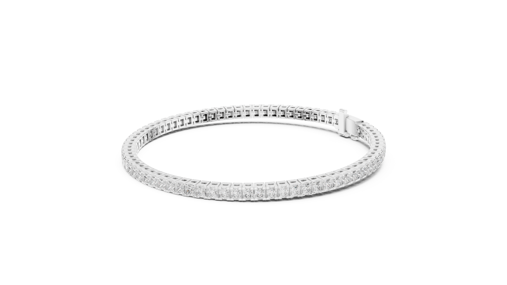 Side profile of white gold princess cut diamond tennis bracelet elegant design