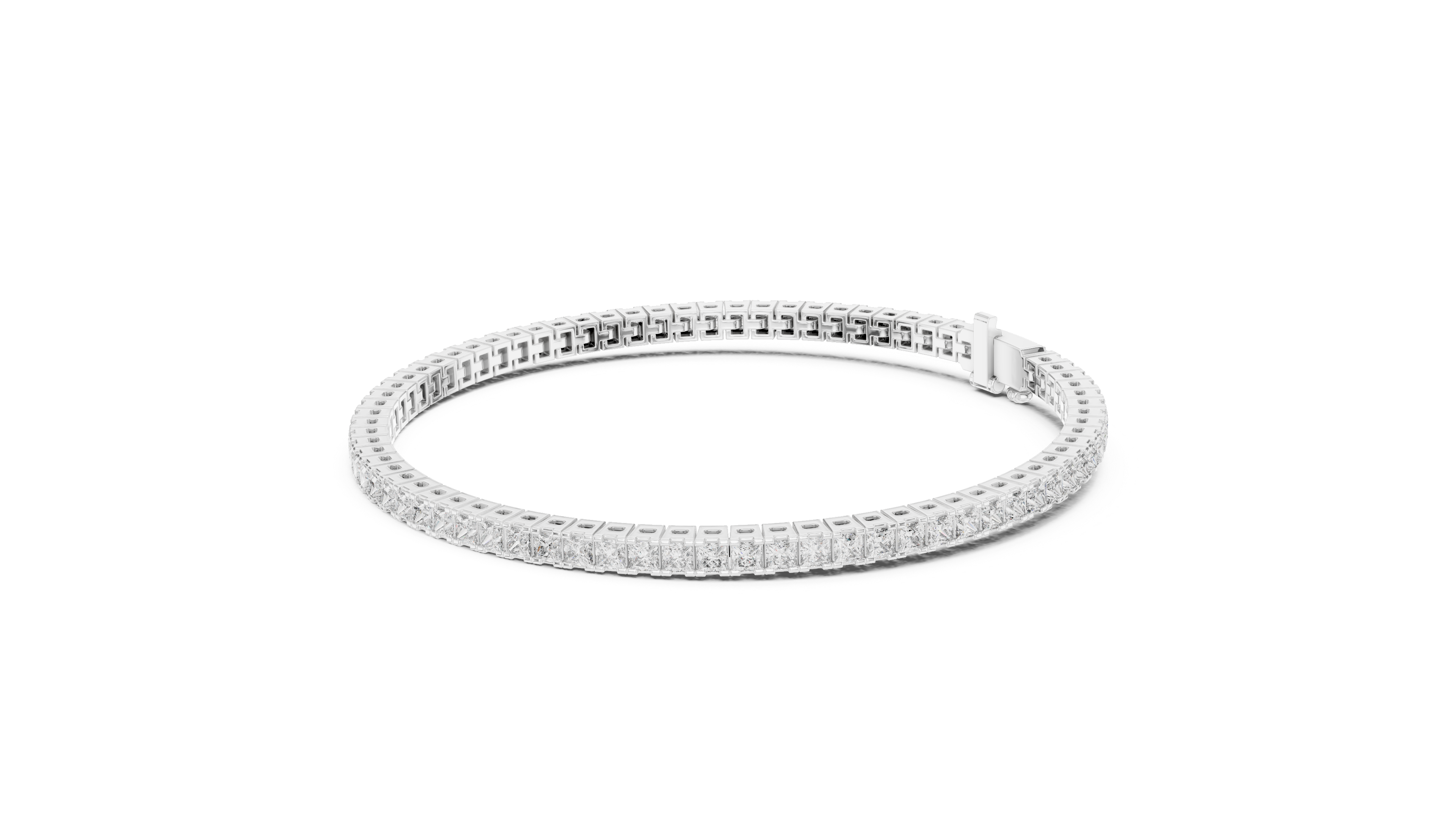 Side profile of white gold princess cut diamond tennis bracelet elegant design
