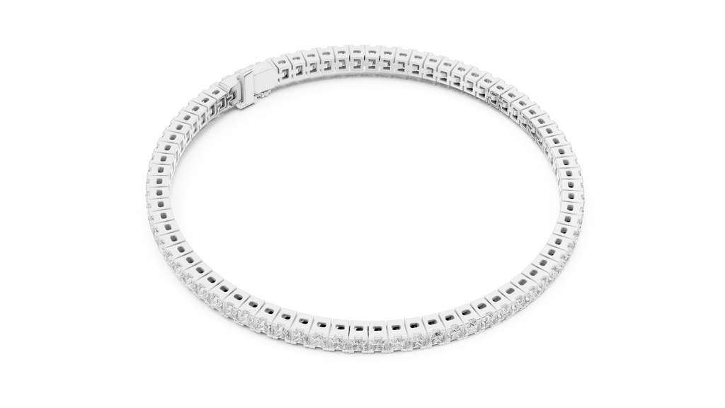 Top angle view of white gold tennis bracelet with square lab grown diamonds