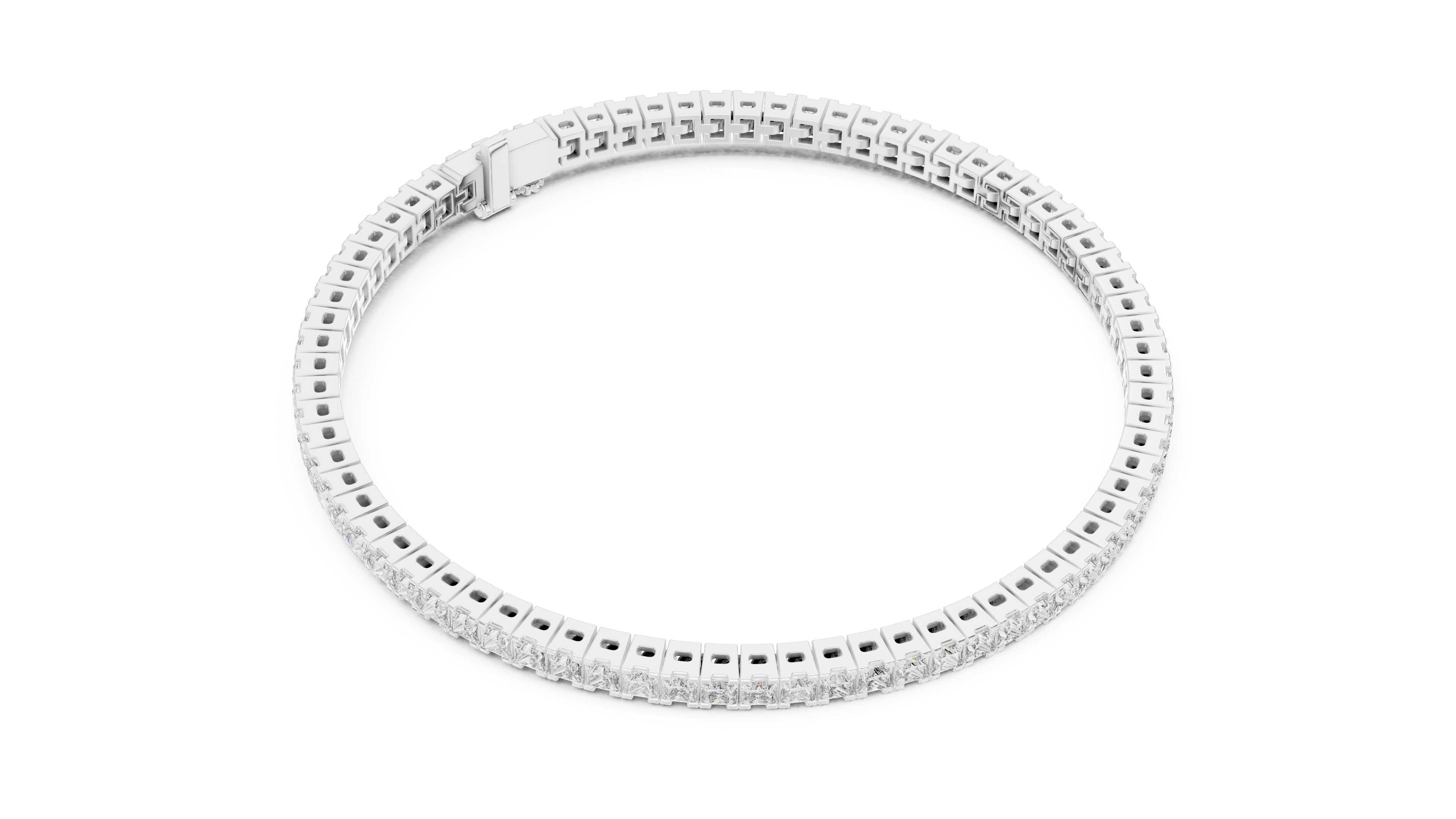 Top angle view of white gold tennis bracelet with square lab grown diamonds