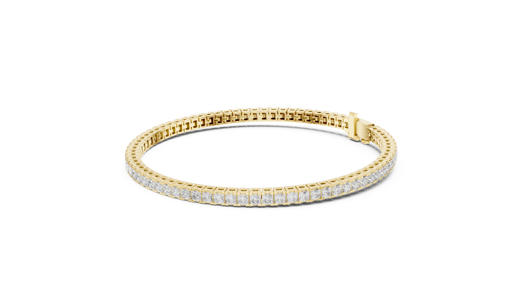 Side angle of yellow gold princess cut tennis bracelet highlighting diamond alignment