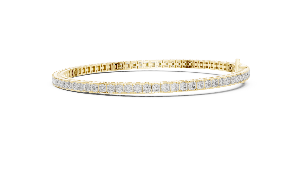 Yellow gold princess cut diamond tennis bracelet front perspective luxury jewelry