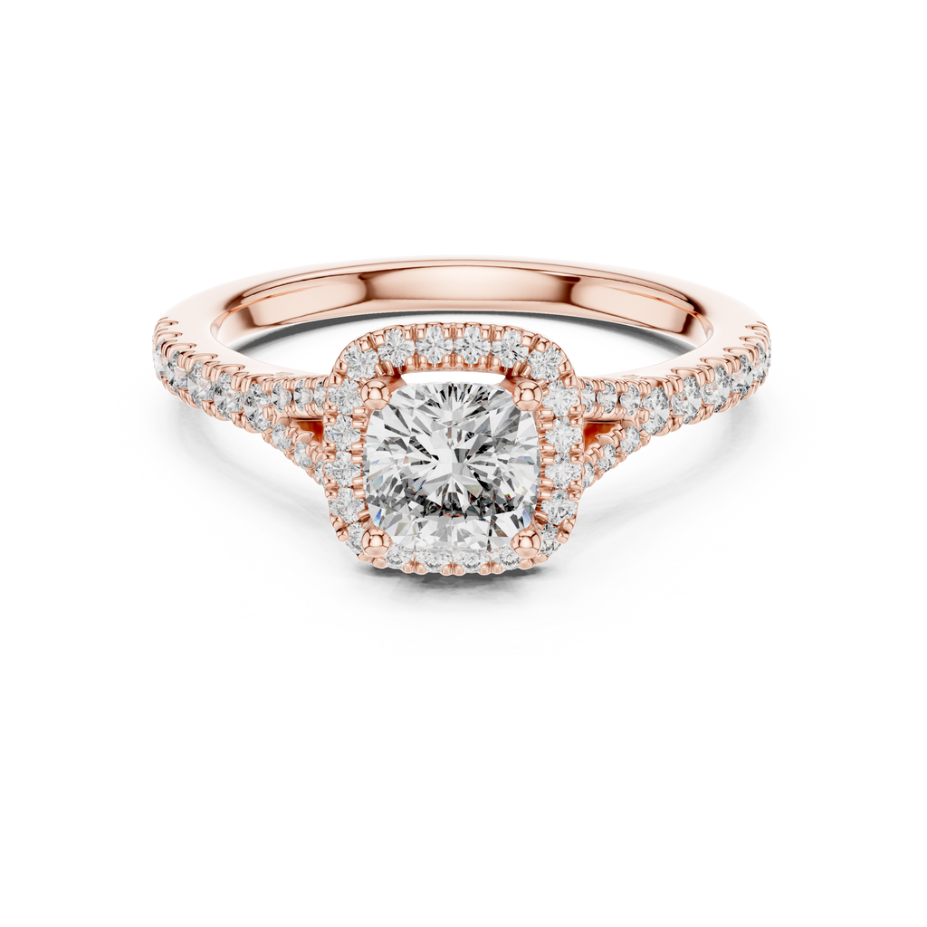 Cushion halo solitaire diamond ring featuring a cushion-cut center stone with round diamond halo in gold