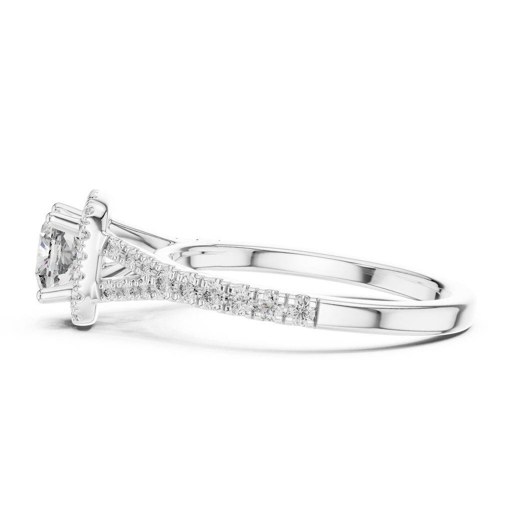 Side profile of cushion halo solitaire diamond ring showcasing elevated prong setting and diamond shank