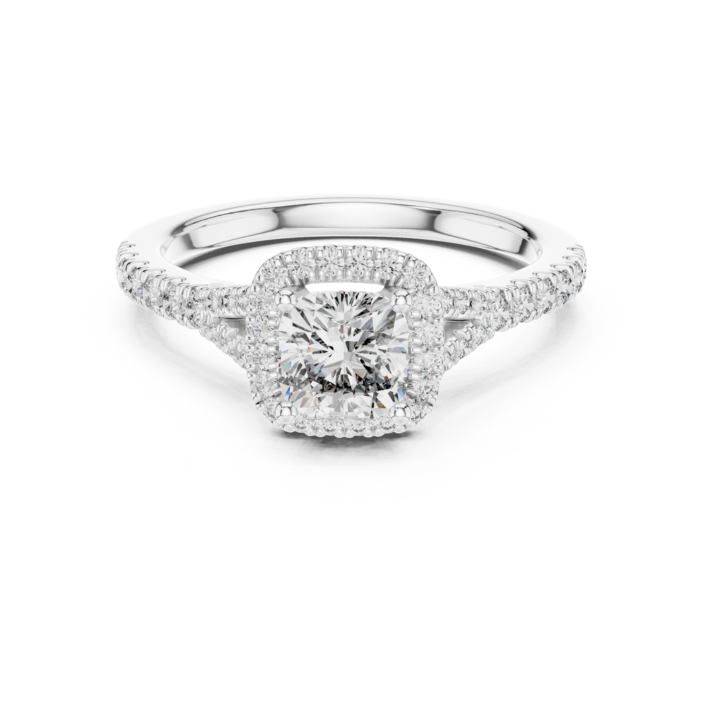 Cushion halo solitaire diamond ring featuring a cushion-cut center stone with round diamond halo in gold
