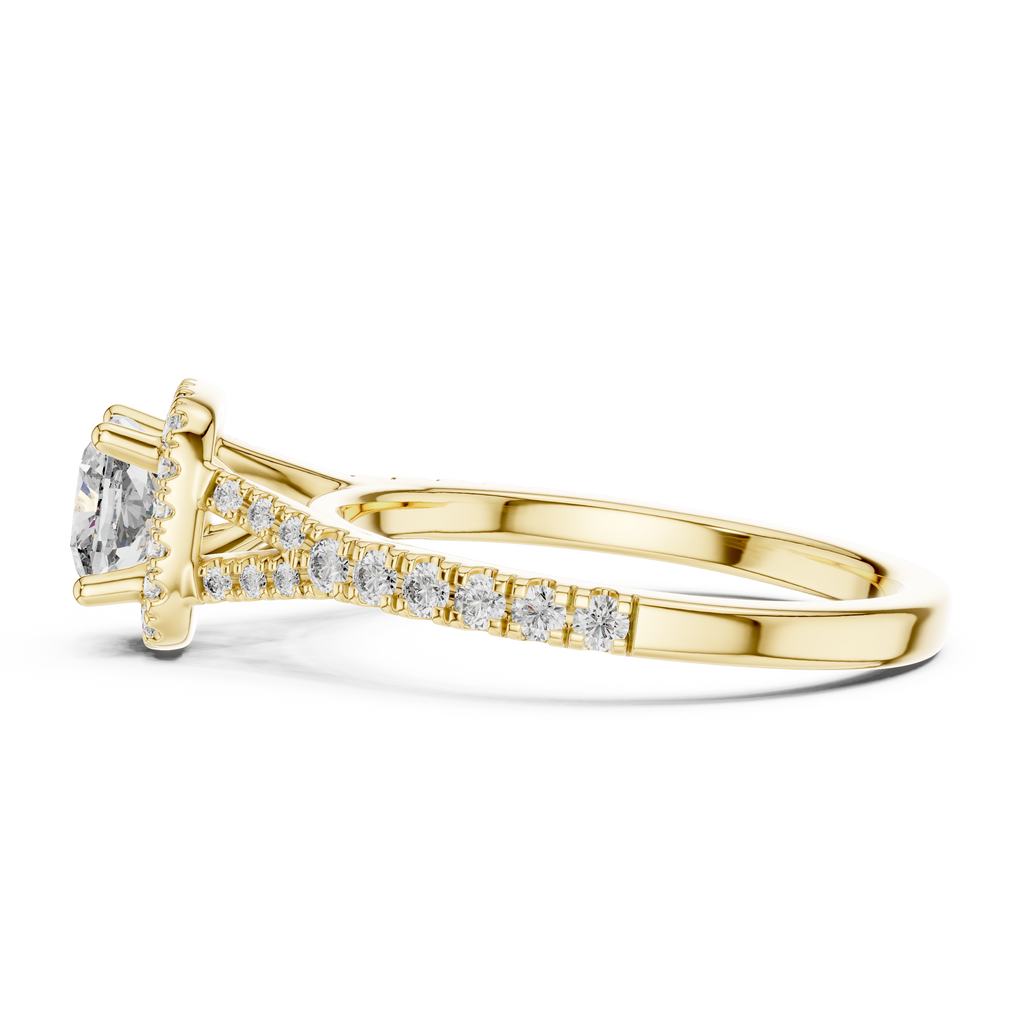 Side profile of cushion halo solitaire diamond ring showcasing elevated prong setting and diamond shank
