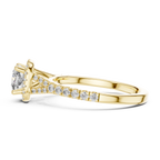 Side profile of cushion halo solitaire diamond ring showcasing elevated prong setting and diamond shank