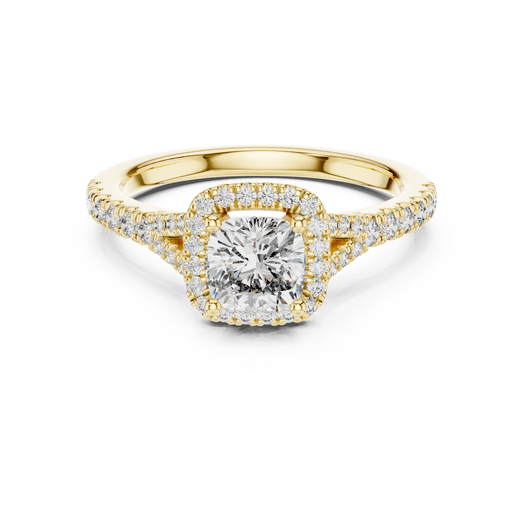 Cushion halo solitaire diamond ring featuring a cushion-cut center stone with round diamond halo in gold