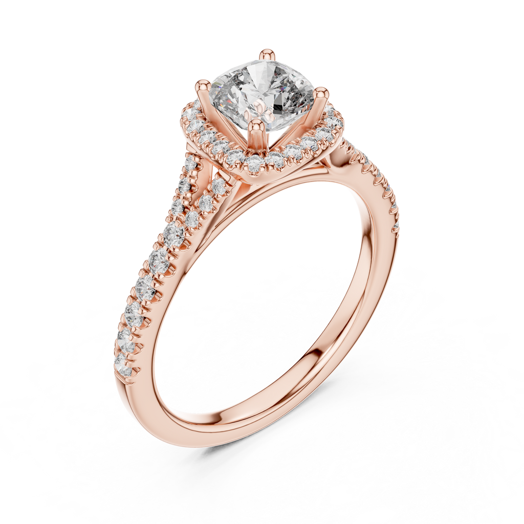 Angled perspective of luxury cushion halo solitaire ring highlighting sparkle and craftsmanship
