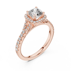 Angled perspective of luxury cushion halo solitaire ring highlighting sparkle and craftsmanship