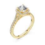 Angled perspective of luxury cushion halo solitaire ring highlighting sparkle and craftsmanship