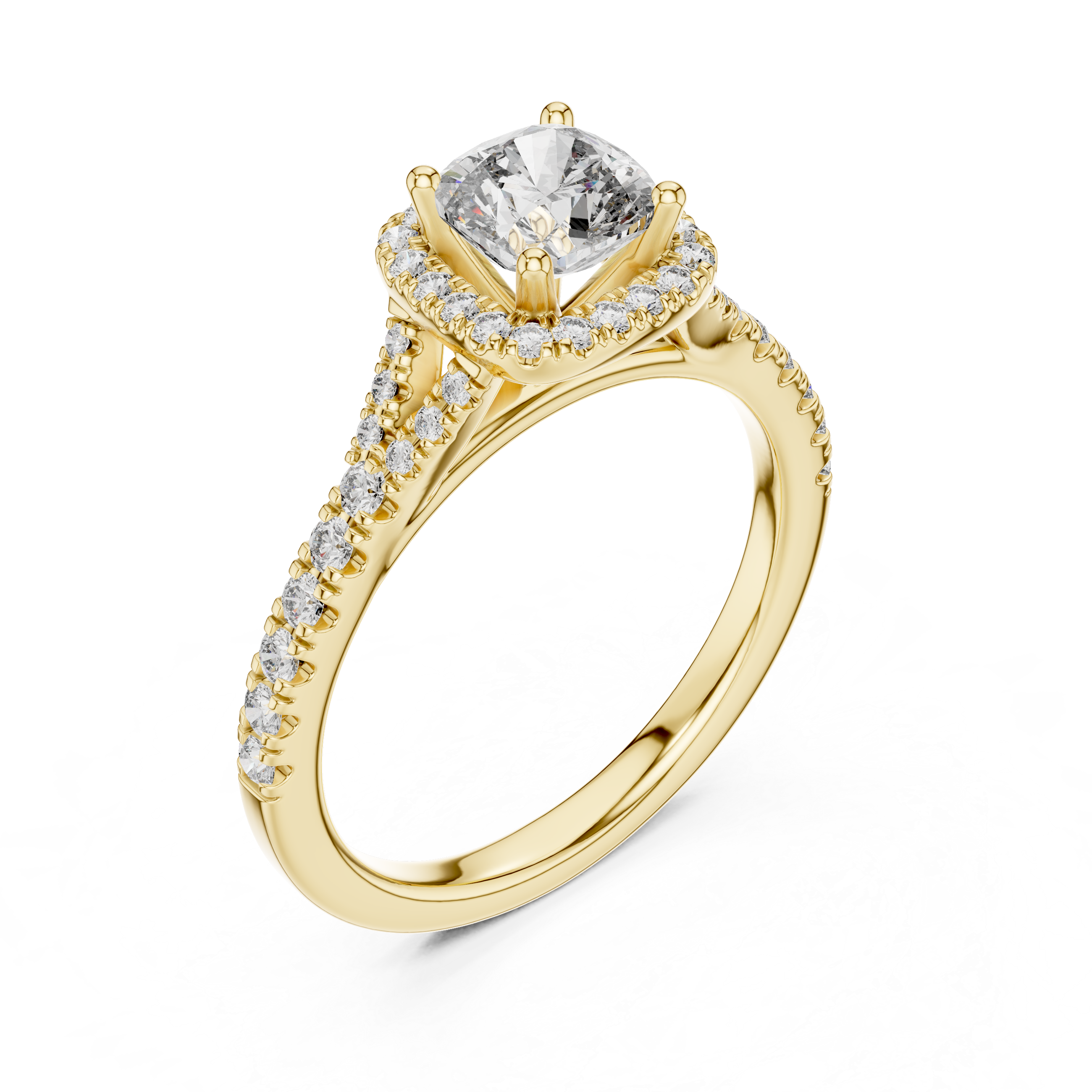 Angled perspective of luxury cushion halo solitaire ring highlighting sparkle and craftsmanship