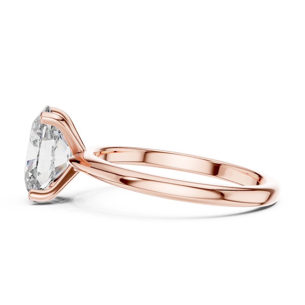 Side view of oval solitaire diamond ring in rose gold highlighting elegant band curves