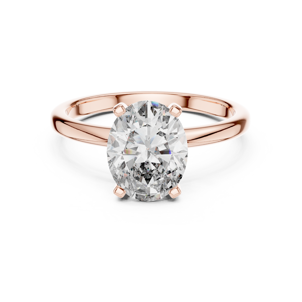 Oval solitaire diamond ring in 14k rose gold, front view showcasing warm rose gold tone