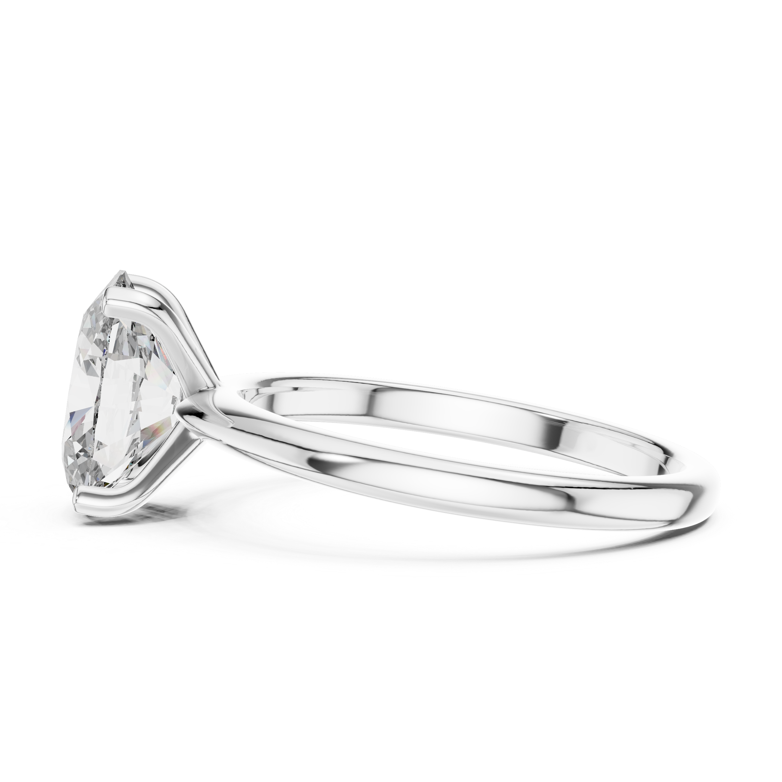 Side angle of oval solitaire diamond ring in white gold showing sleek band and setting