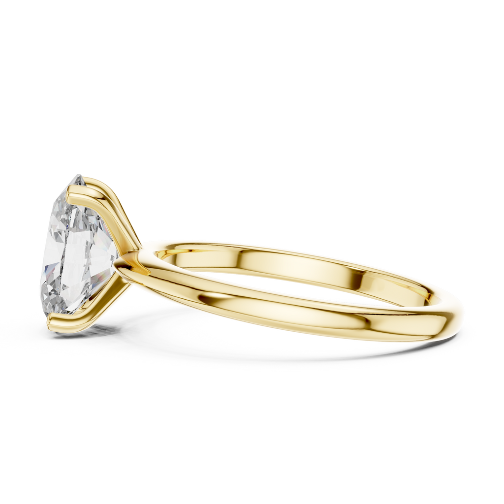 "Elegant side profile of oval solitaire diamond ring in yellow gold highlighting band design"