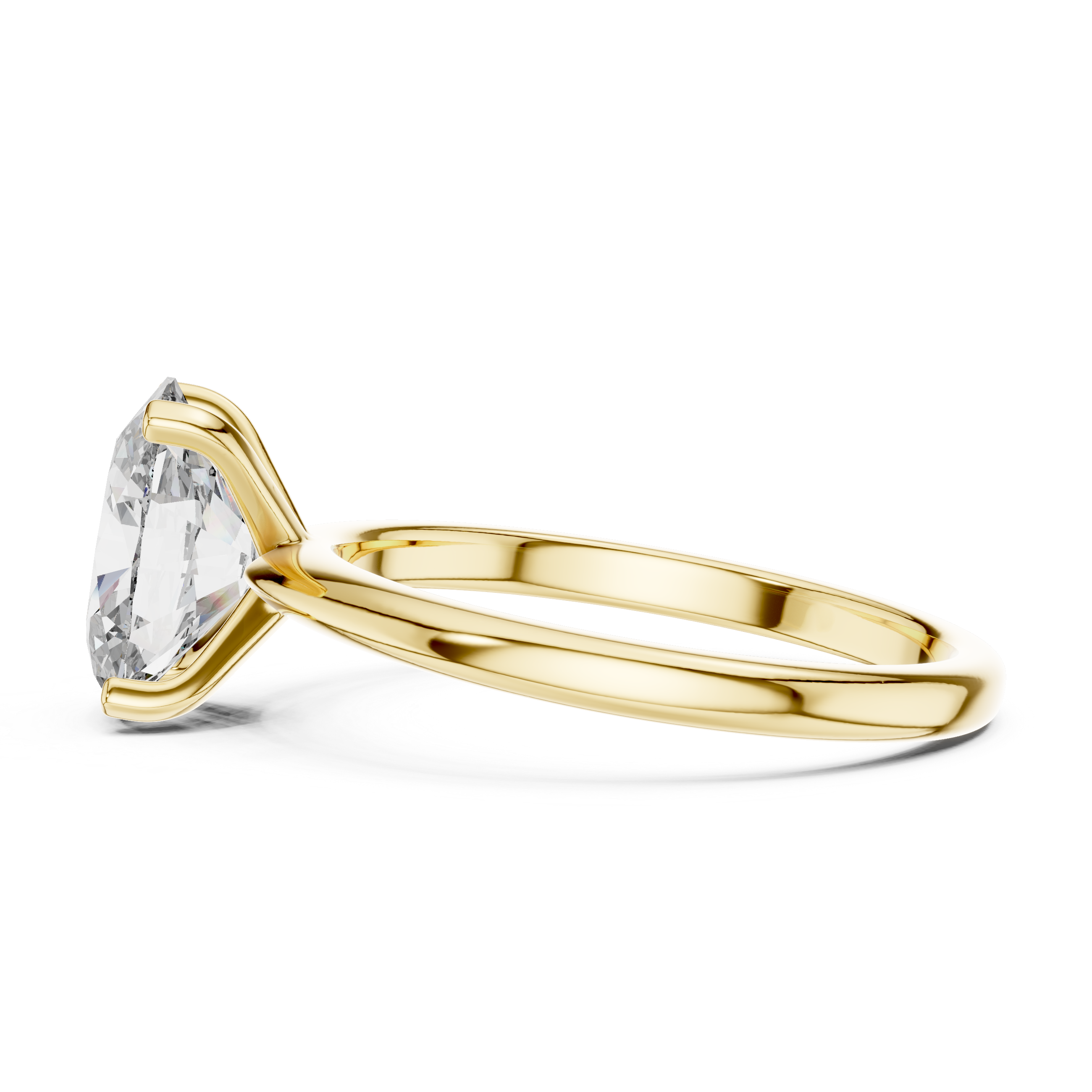 "Elegant side profile of oval solitaire diamond ring in yellow gold highlighting band design"