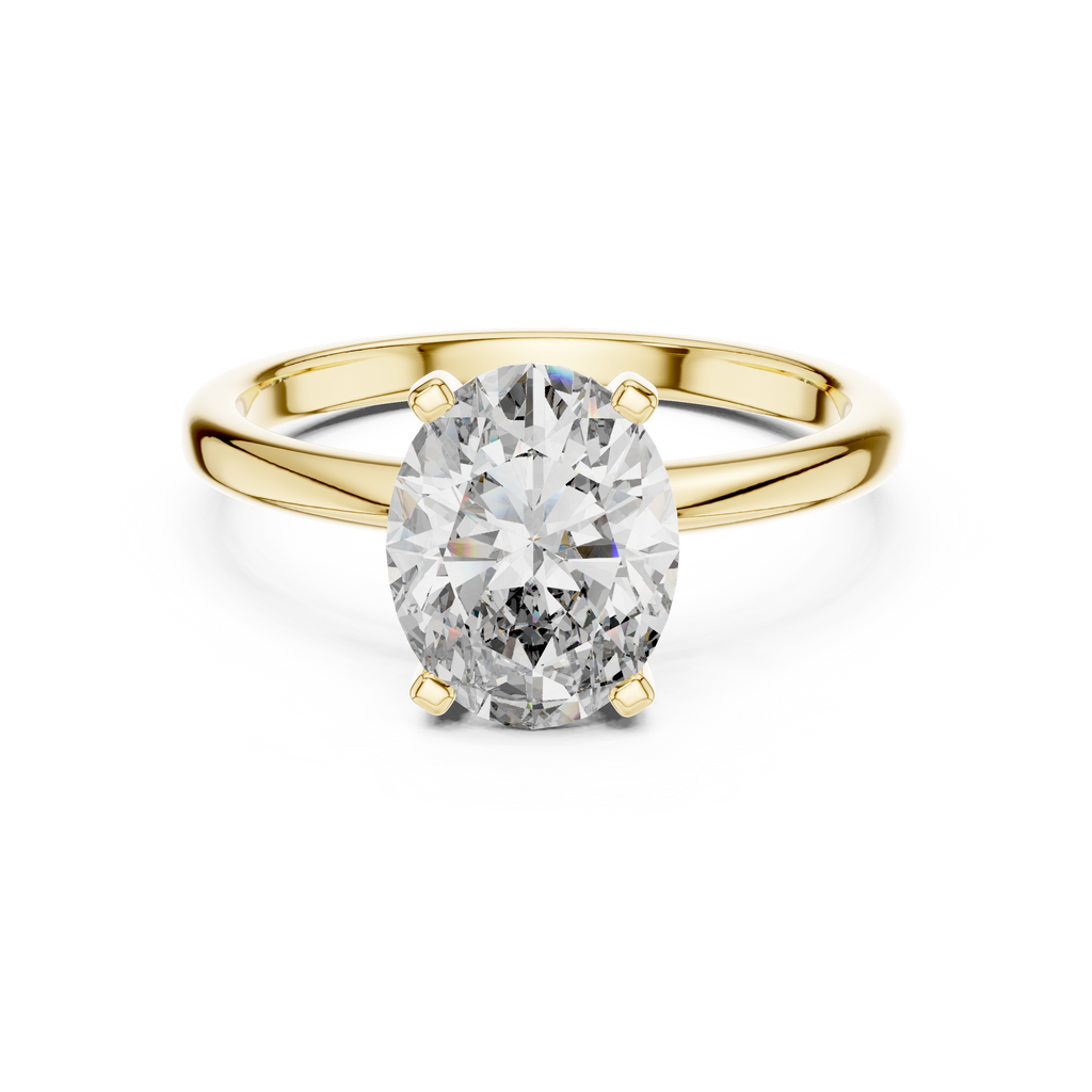 Oval solitaire diamond ring in 14k yellow gold, front view showcasing classic prong setting