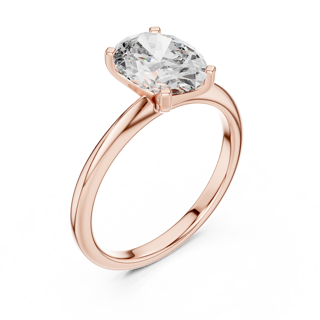 Angled top view of oval solitaire diamond ring in rose gold capturing sparkling brilliance