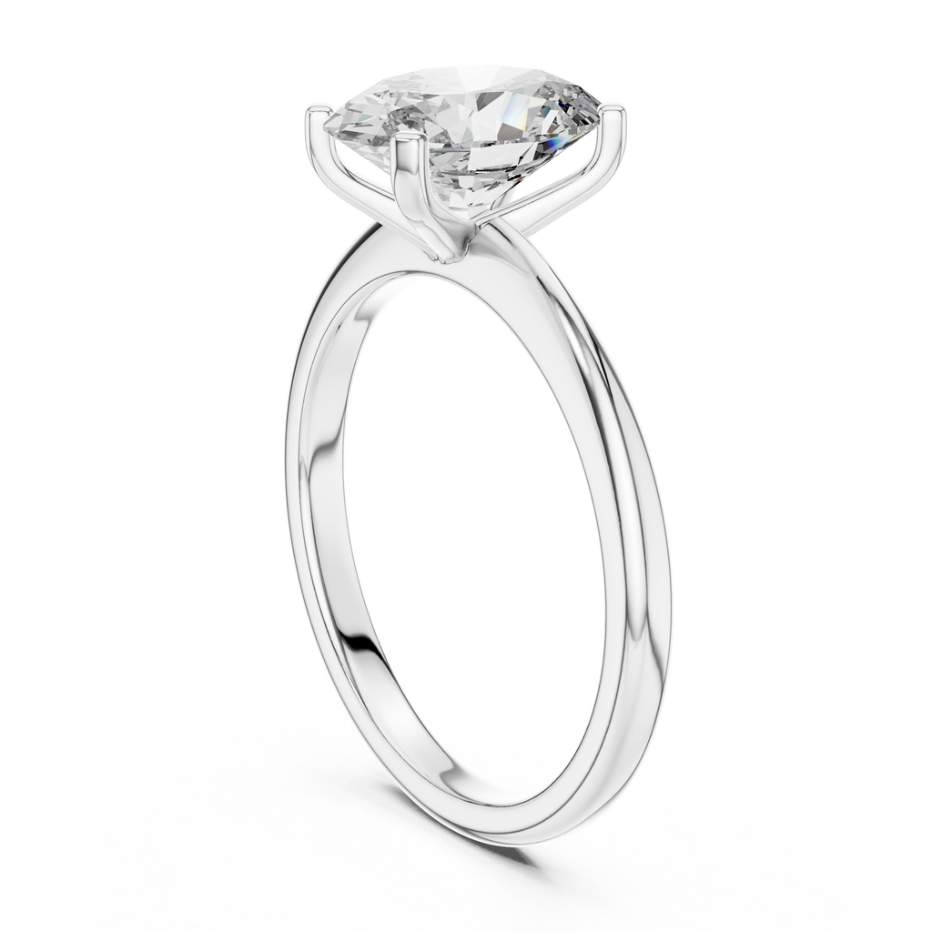 Top perspective of oval solitaire diamond ring in white gold focusing on radiant diamond