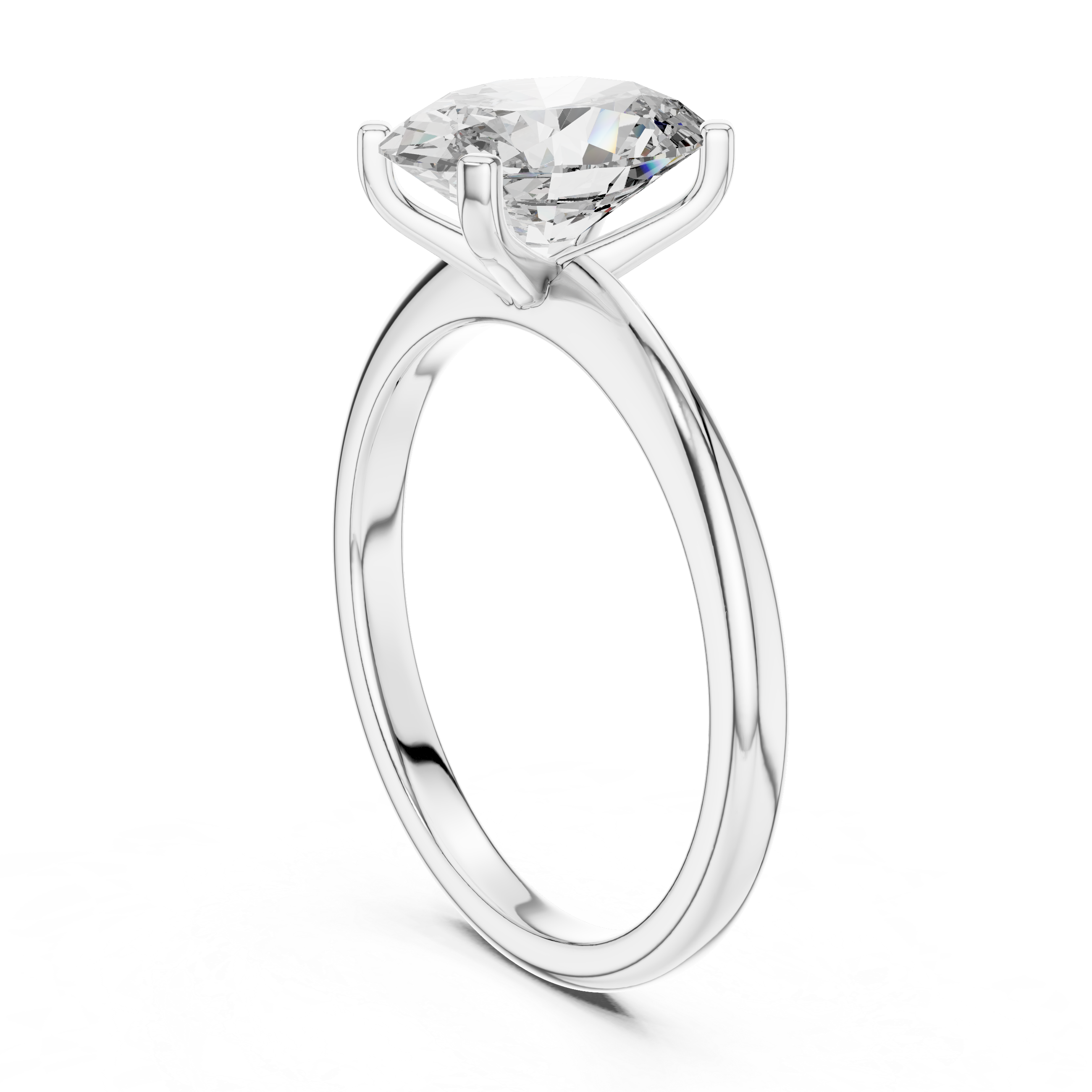 Top perspective of oval solitaire diamond ring in white gold focusing on radiant diamond