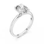 Angled top view of oval solitaire diamond ring in white gold emphasizing diamond sparkle