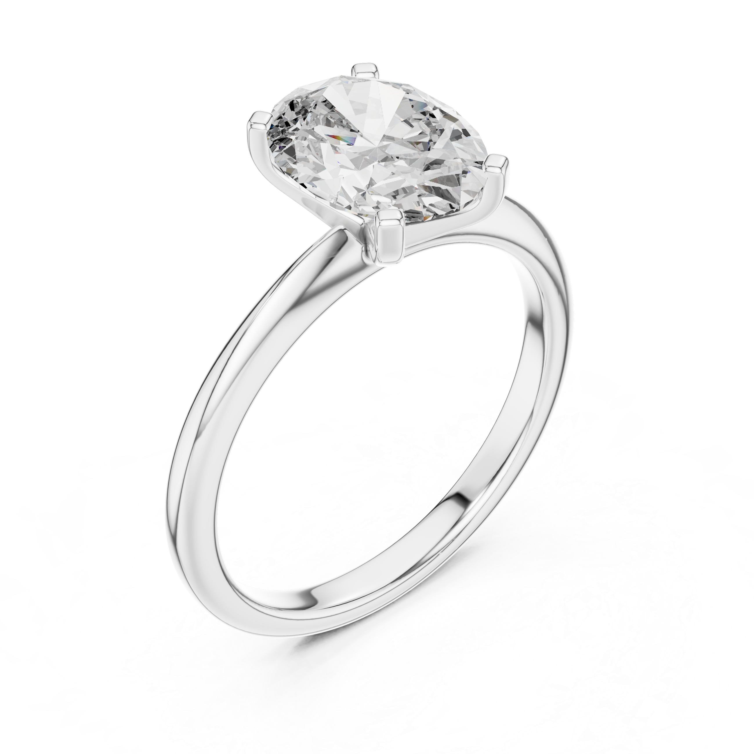 Angled top view of oval solitaire diamond ring in white gold emphasizing diamond sparkle