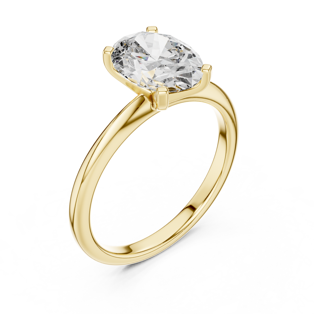 Angled view of oval solitaire diamond ring in yellow gold capturing brilliance and shine