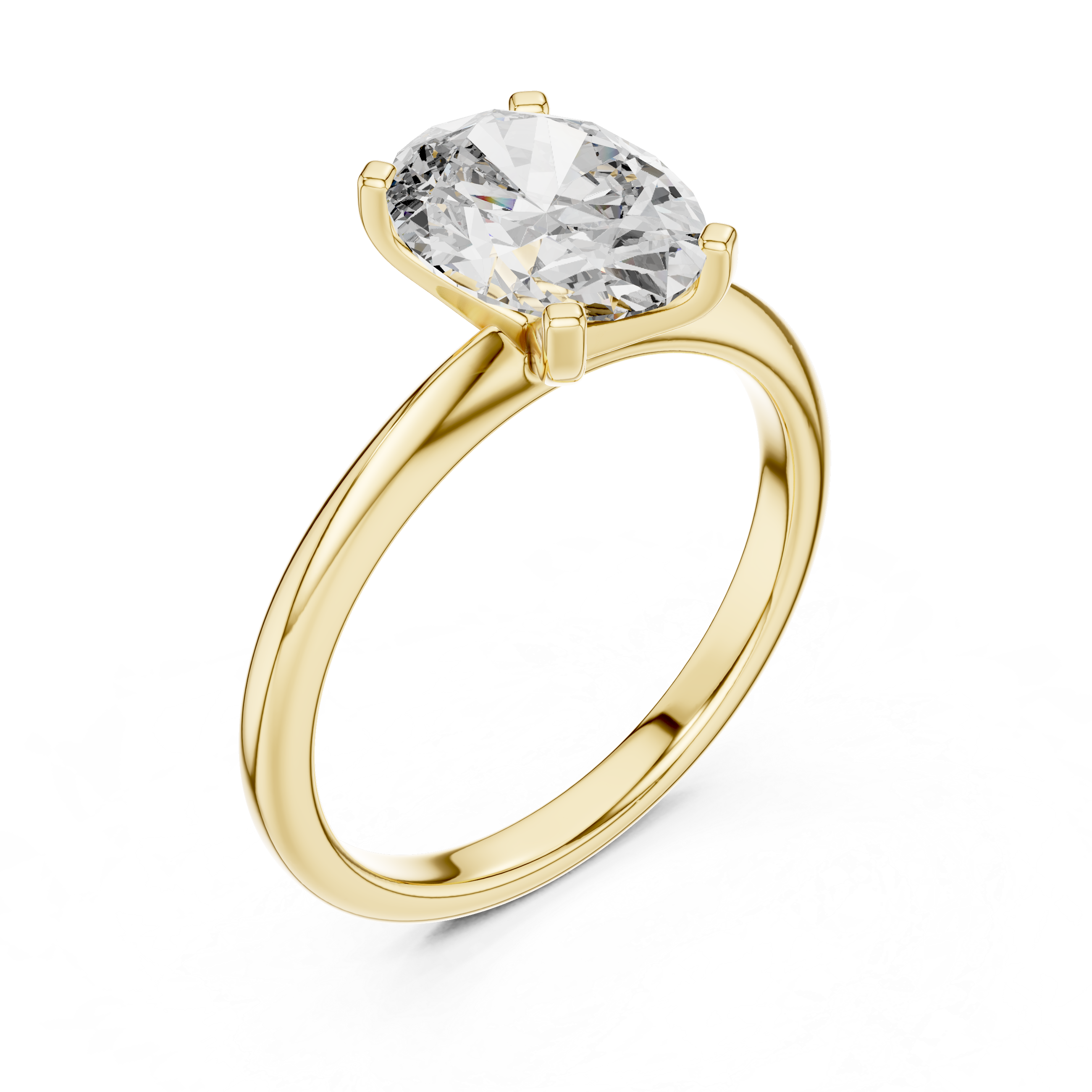 Angled view of oval solitaire diamond ring in yellow gold capturing brilliance and shine