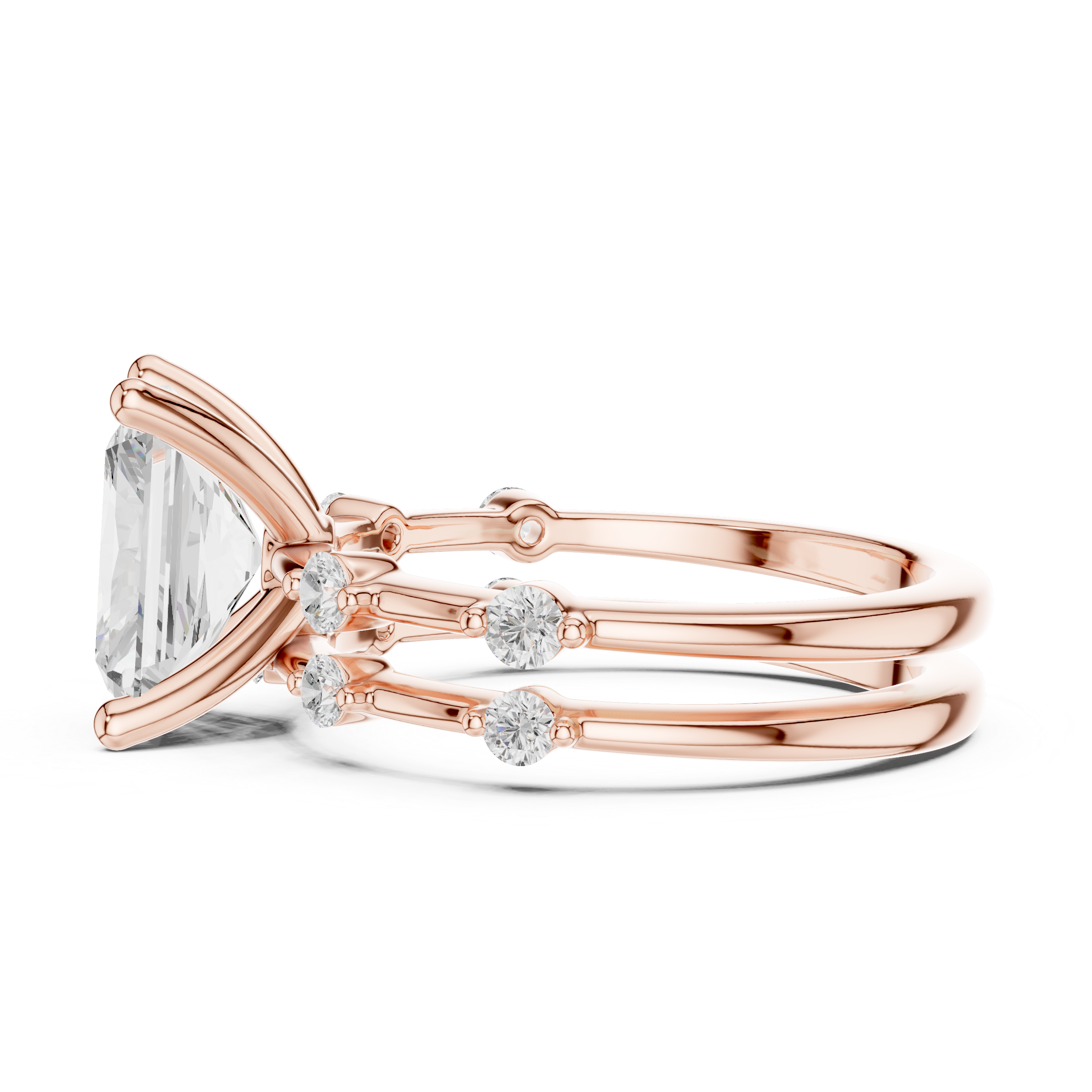 Rose gold ring with a large diamond and smaller diamonds on a white background