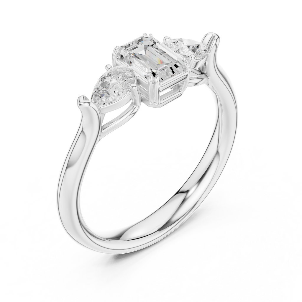 Emerald cut three stone diamond ring
